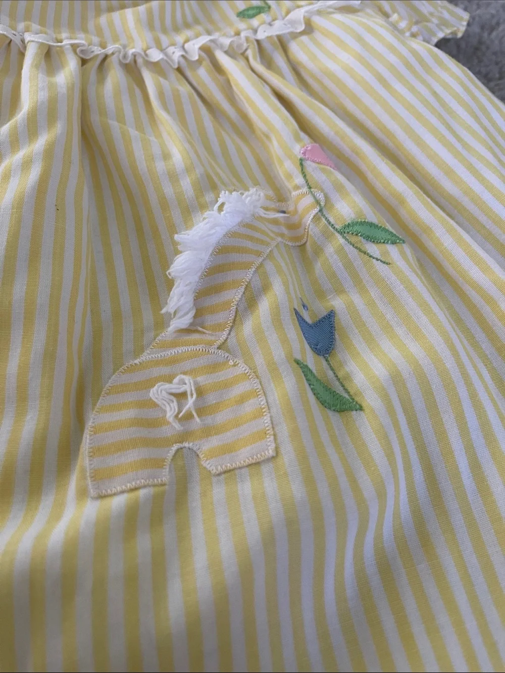 Vintage Yellow Striped Baby Romper with Floral Giraffe Appliqué